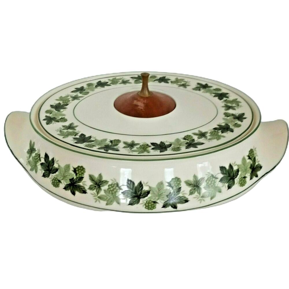 Vintage Green White Grapevine Casserole Covered Dish 60s Taylor Smith Greenbriar